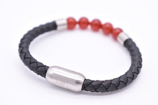 Parisi Armband - schwarzem geflochtenem Leder - Rote Jadesteine - Mann - Herren - Inkl. Weiße Schmuckschachtel