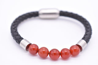 Parisi Armband - schwarzem geflochtenem Leder - Rote Jadesteine - Mann - Herren - Inkl. Weiße Schmuckschachtel