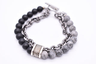 Parisi Armband- Edelstahl Kette - Grauer Jaspis  und Schwarzer Achat Natursteine - Mann - Herren - Inkl. Weiße Schmuckschachtel