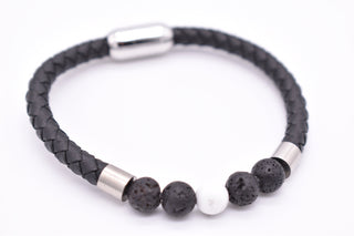 Parisi Armband - schwarzem geflochtenem Leder - Lavasteine- Howlite Steine - Mann - Herren - Inkl. Weiße Schmuckschachtel