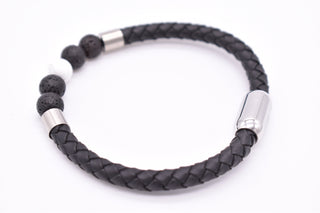 Parisi Armband - schwarzem geflochtenem Leder - Lavasteine- Howlite Steine - Mann - Herren - Inkl. Weiße Schmuckschachtel