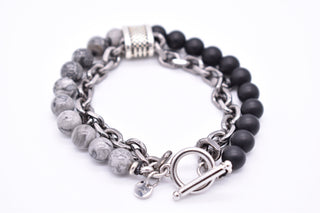Parisi Armband- Edelstahl Kette - Grauer Jaspis  und Schwarzer Achat Natursteine - Mann - Herren - Inkl. Weiße Schmuckschachtel